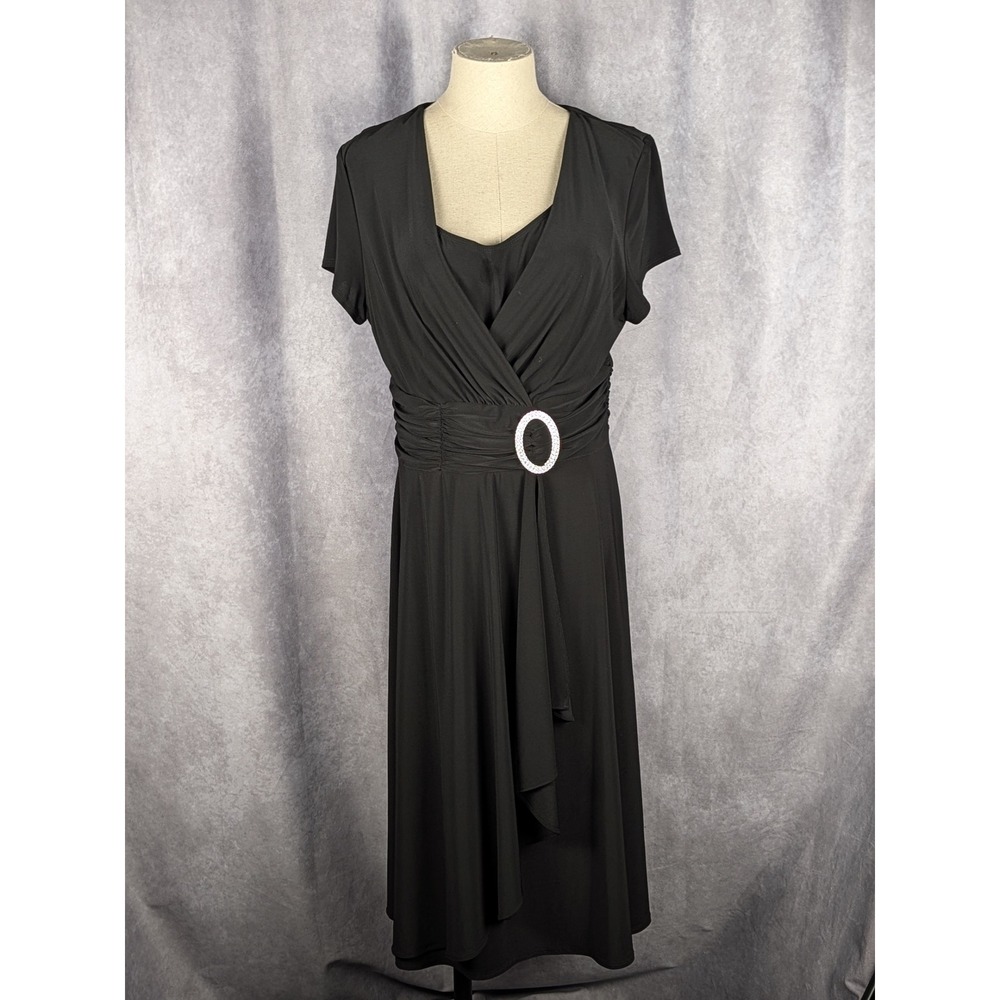 R&M Richards Women Black Faux Wrap Midi Dress Rhinestone‎ Buckle Size 12 C59